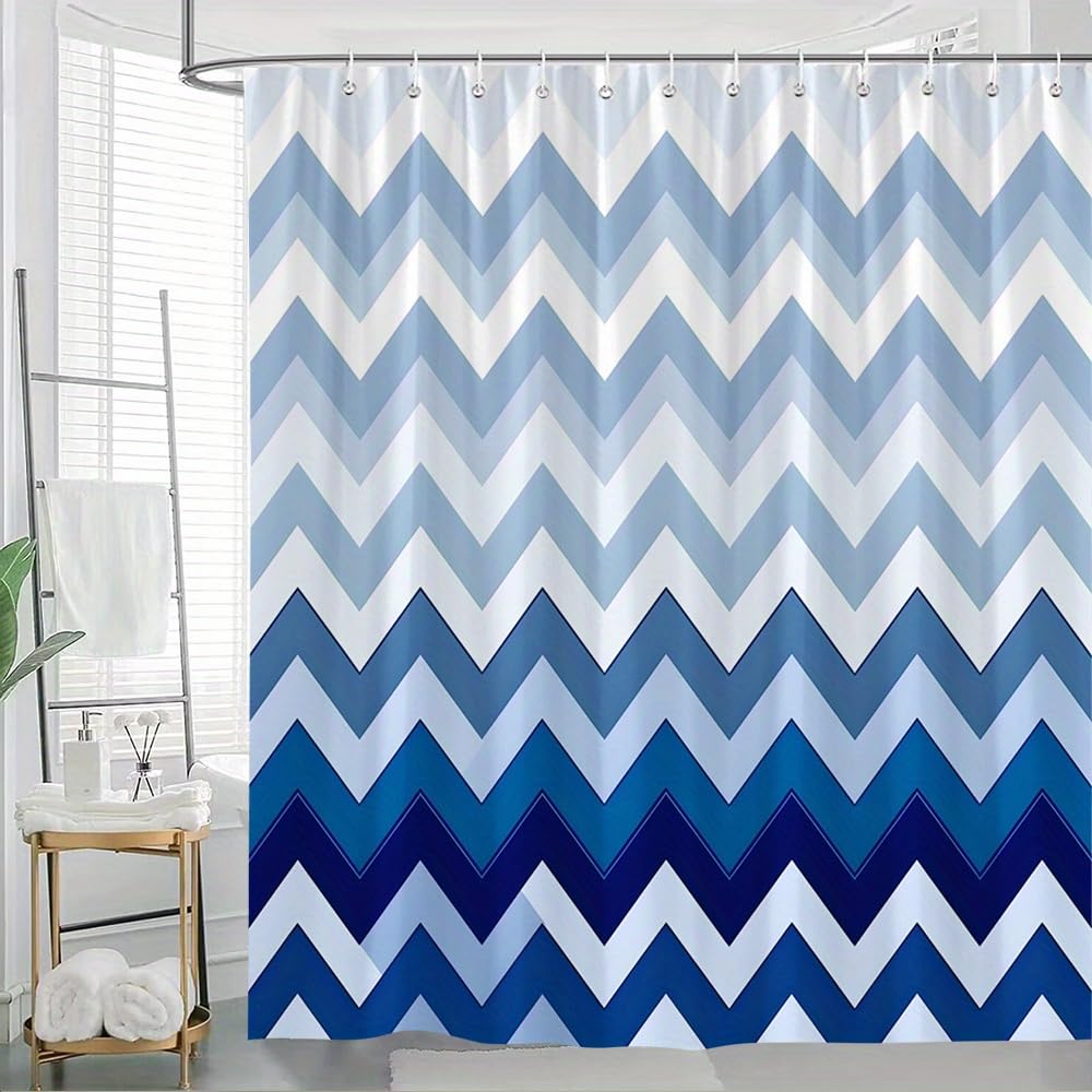 GLWDMB 1 Piece 90x180CM Geometric Blue Chevron Printed Shower Curtain With Hook, Polyester, for Windows And Walls, Bathtub, Bathroom, Machine Washable, All Season Universal