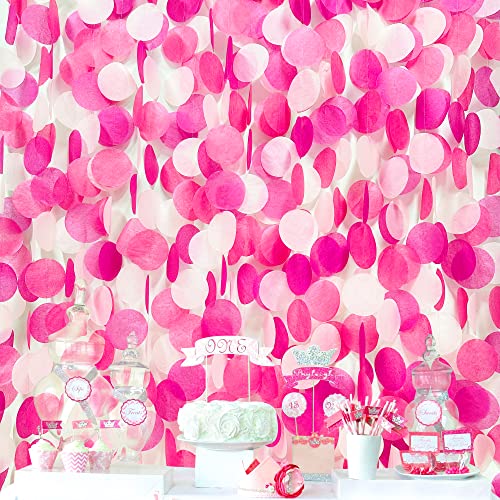 Image of 205Ft Hot Pink Party Decorations Big Circle Dots Backdrop Garland Rose Pink Tissue Paper Polka Dots Hanging Curtain Streamer for Birthday Bachelorette Engagement Wedding Bridal Shower Party Supplies