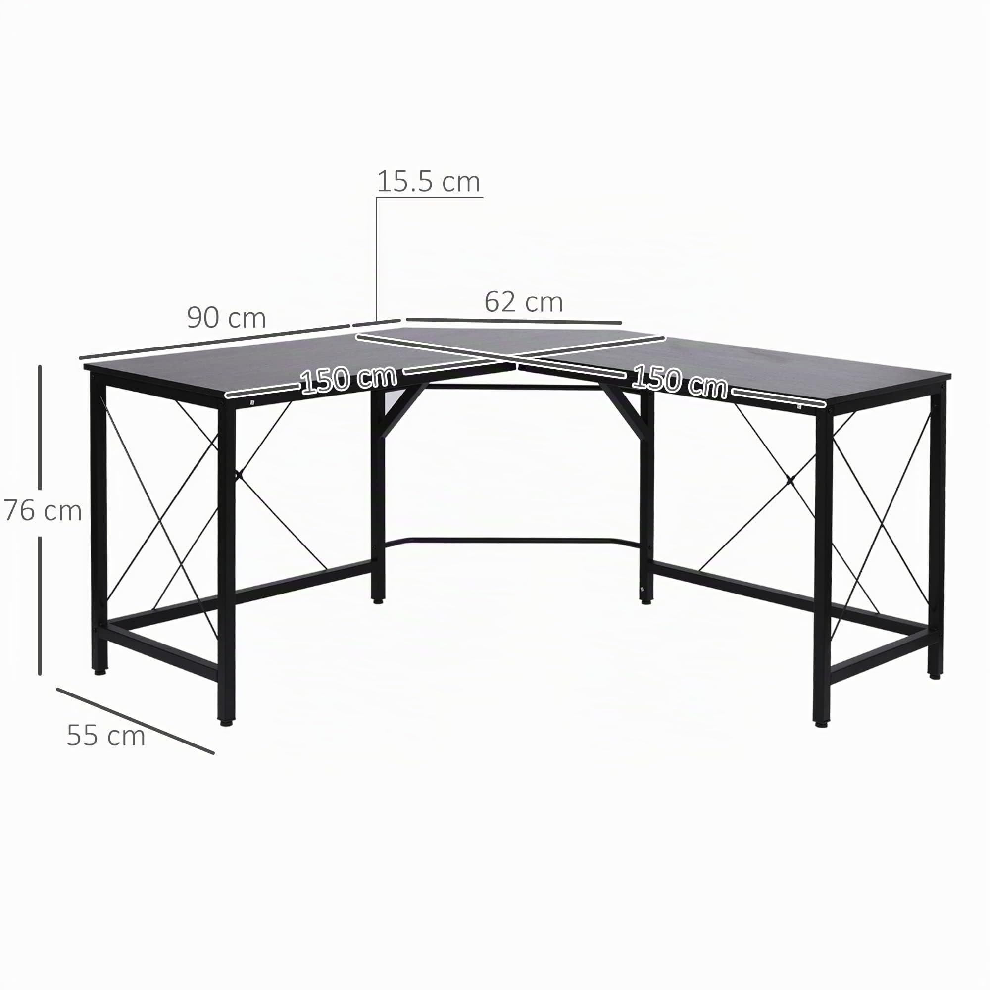 HOMCOM Scrivania Spaziosa Nera e Finitura in Rovere Perfetta Postazione da Lavoro per Casa e Ufficio a Forma di L con Soluzione Angolare Finitura in Rovere 150x150x76cm Nera