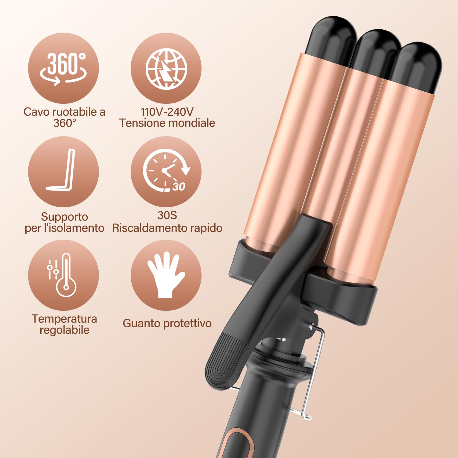 Piastra Onde per Capelli Ferro Arricciacapelli 22mm - BESTOPE MIX Ferro Arricciacapelli 3 Tubi Piastra Capelli Onde Ceramica Calore Rapido 150°C/210°C Ferro per Capelli Onde per Capelli Lunghi e Corti