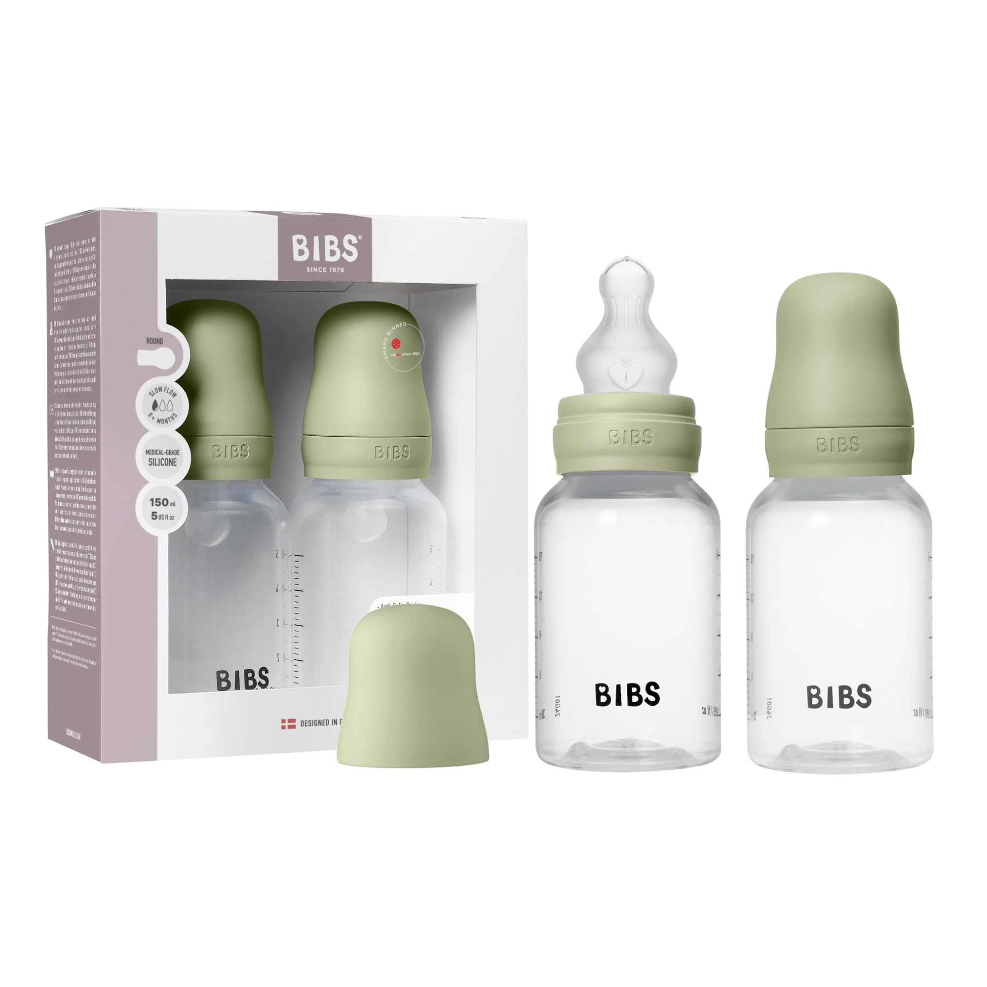 BIBS Babyflasche 150 ml, 2er-Pack Sauger aus Silikon - Babyflaschenset, Anti-Kolik, BPA-frei, Langsamem Fluss, leicht und einfach zu reinigen, geeignet für Neugeborene ab 0 Jahren - Sage