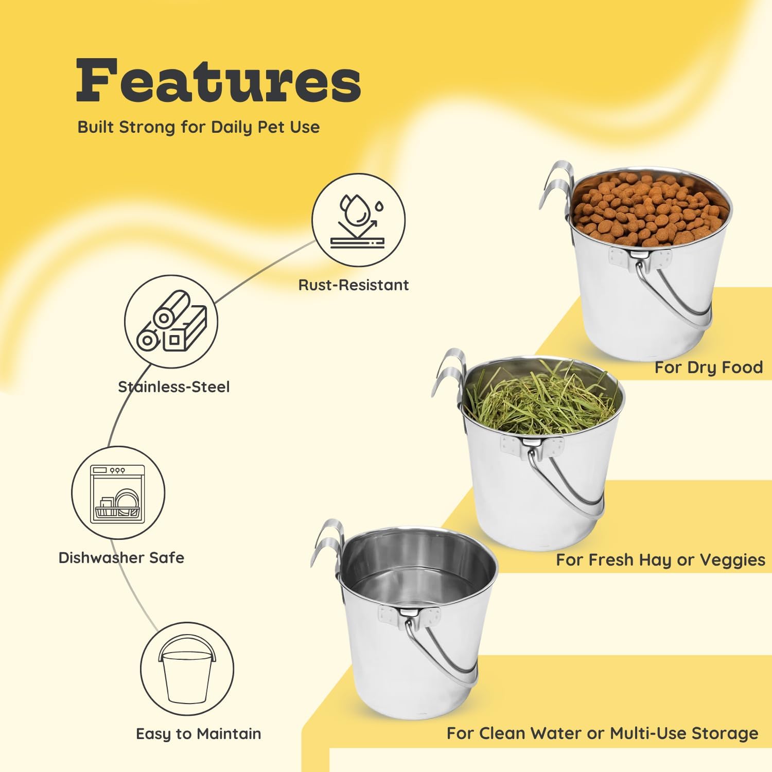 9 Quart Stainless Steel Flat Sided Bucket with Dual Hooks | 2 Pcs Food & Water Bowl for XL Dog Goat Cattle Horse & Livestock | Fits kennel Crate Cages Farm Hanging Pet Pail | Multipurpose