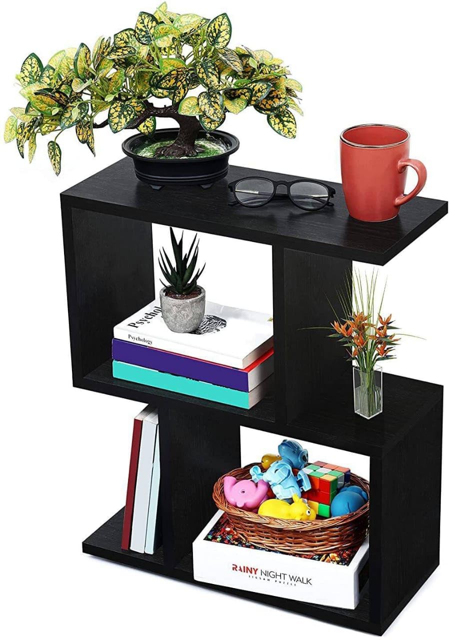RusticAura Modern S-Shaped Display Shelf, 3-Tier Storage Rack, Black Wood Finish-image-2