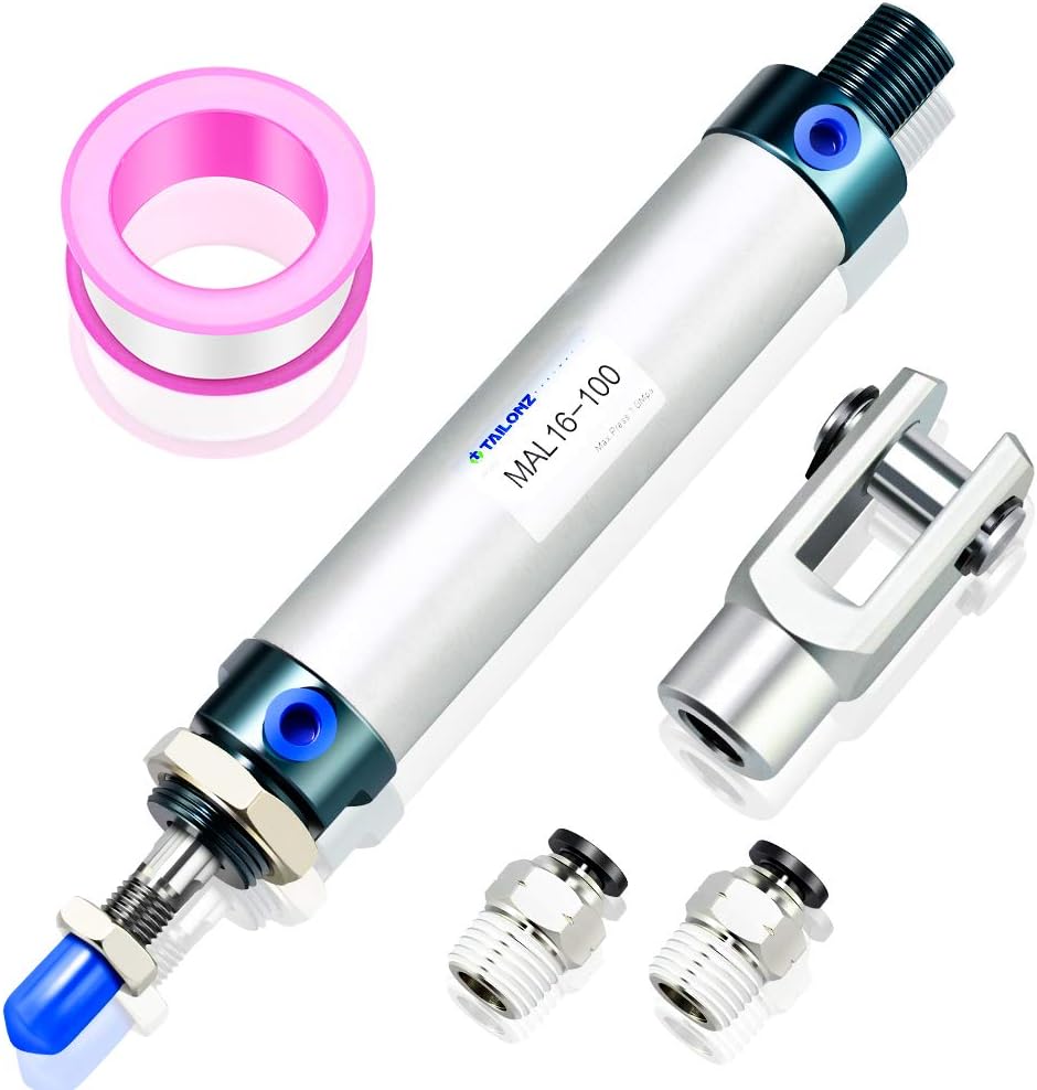 TAILONZ Cilindro de aire de doble acción MAL16x100 de 16 mm de diámetro y 100 mm de carrera | Incluye Conector en Y y 2 Accesorios, Cuerpo de Aluminio con Rodamiento Autolubricante, para Industria Ligera y Automatización de Maquinaria