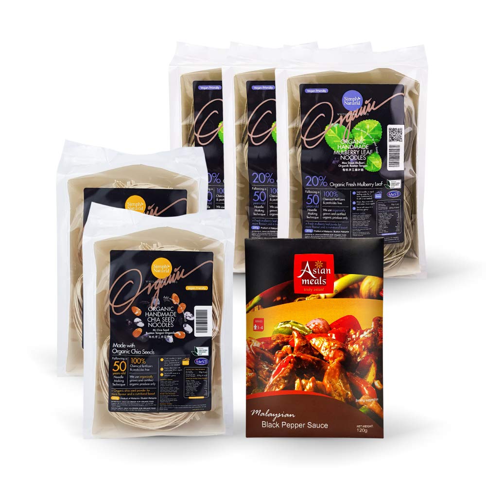 ZENXIN Organic Veggie Noodles (5 Pack) 3x Mulberry Leaf Noodles +2x Chia Seed Noodles, +1x Asianmeals Black Pepper Sauce, High Fiber Protein & Nutrients, Healthy Easy Prep Instant Noodles, 20 serving