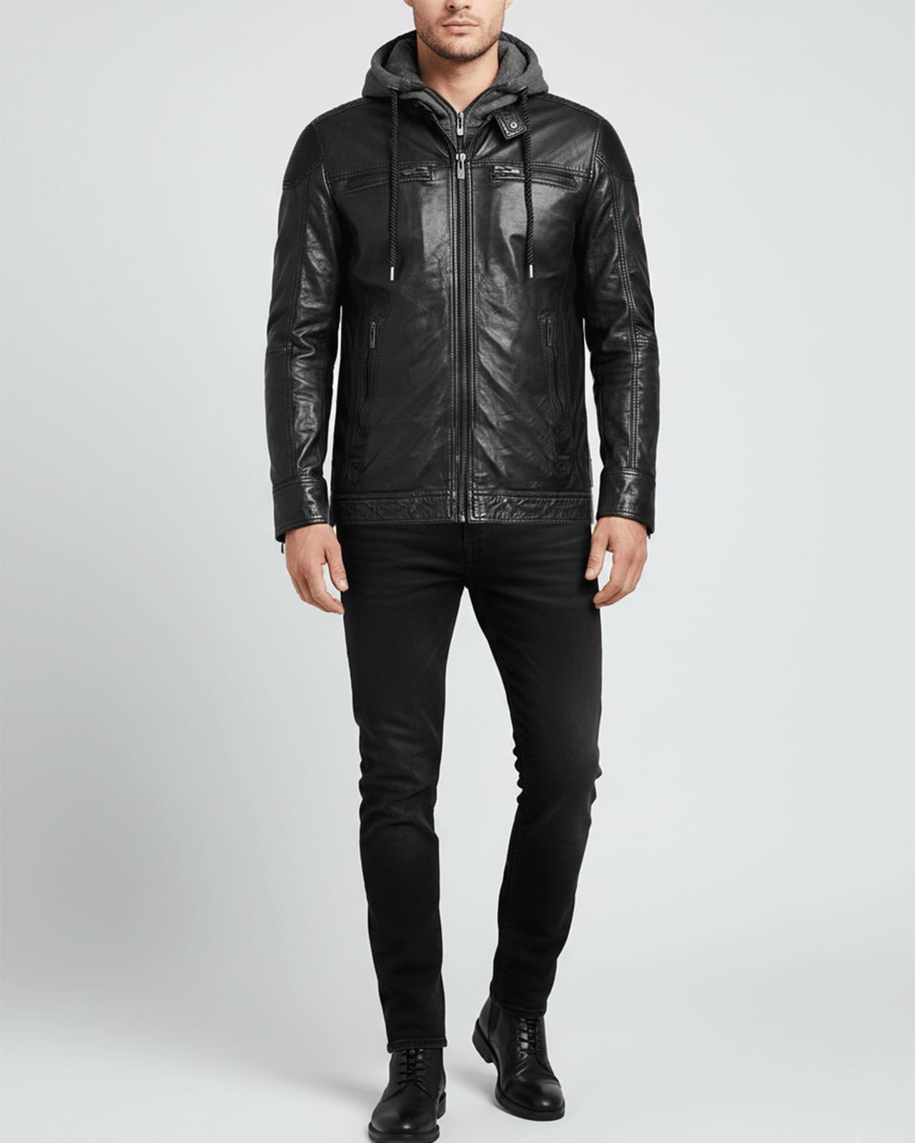 Herren Lederjacke Felix Bikerjacke Echtleder Jacke Vintage aus feinstem Lammnappa Leder mit Abnehmbarer Kapzue-Hoodie