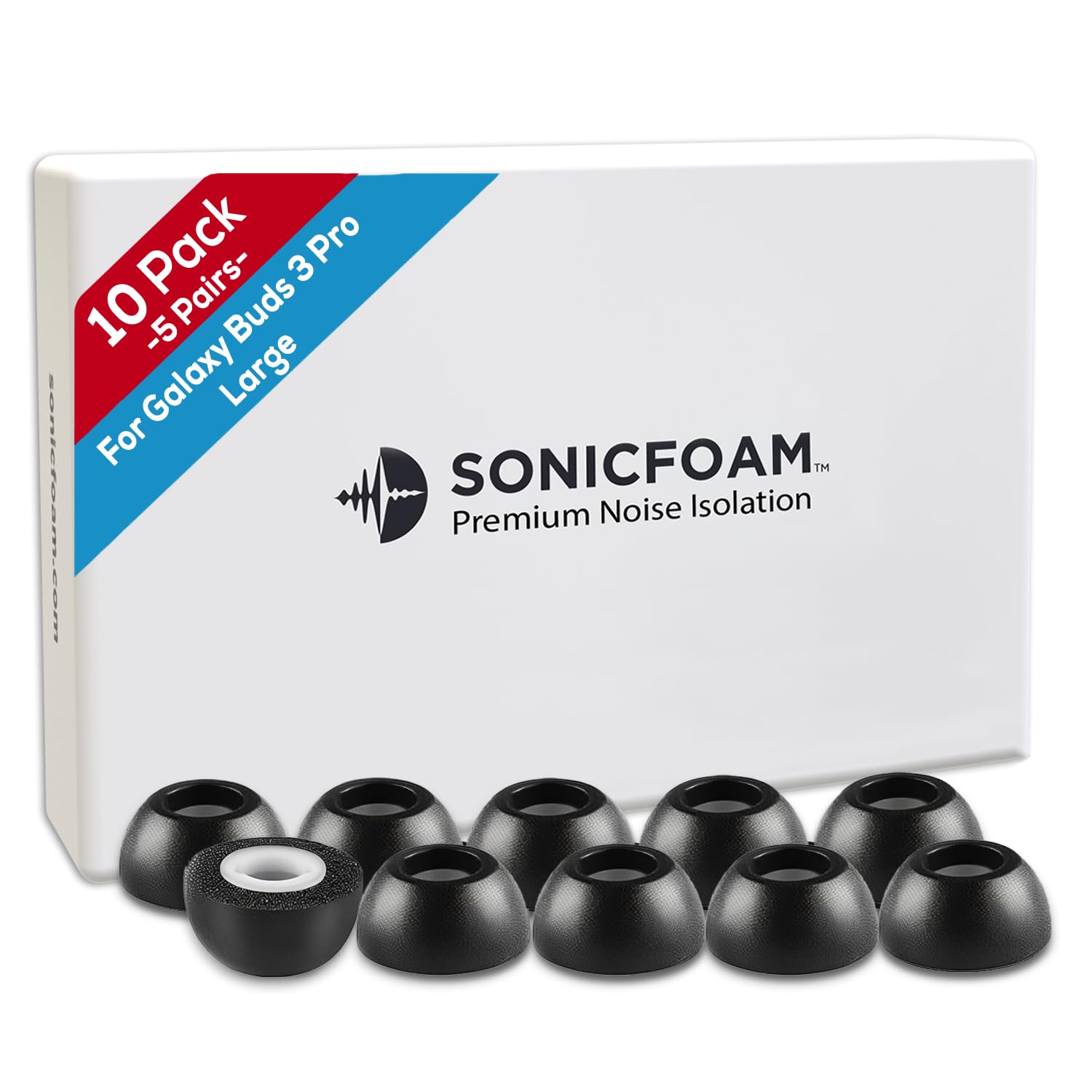 SONICFOAM (SFBuds-3-4-Pro Large Black) Memory Foam Earbud Tips - Compatible with Buds 3 & 4 Pro - (10 Pack / 5 works)