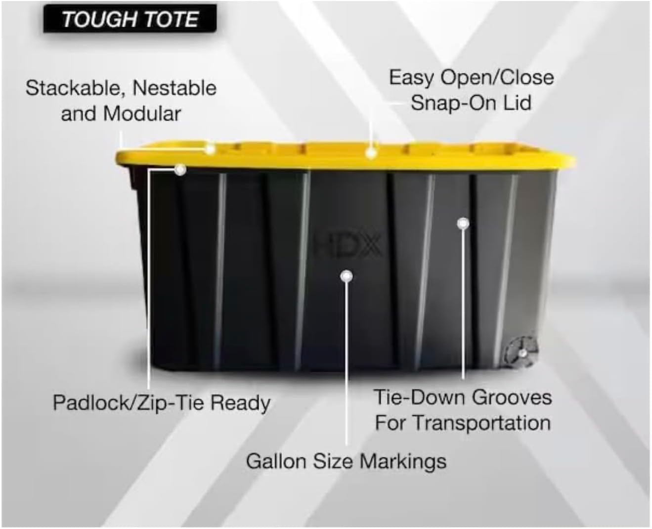 77 Gallon Tough Storage Tote with Wheels, Black with Yellow Snap-On Lid, Stackable Container