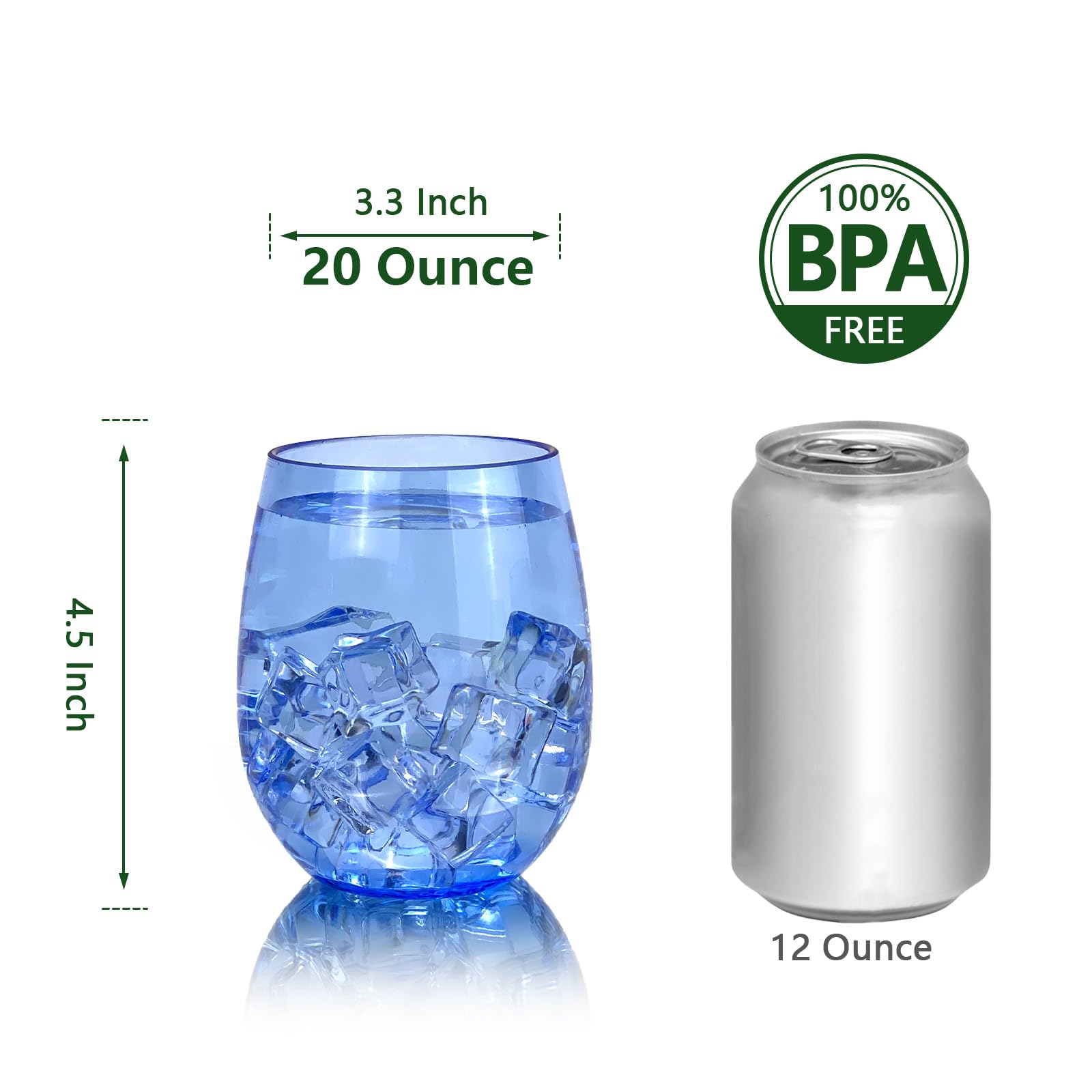 Lot de 6 verres à vin en acrylique de 591 ml, incassables et empilables, sans BPA, passent au lave-vaisselle, gobelets réutilisables pour fêtes et utilisation au bord de la piscine (bleu