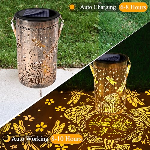 Image of Toodour Solar Lantern Outdoor, Garden Gifts for Mom Grandma Women Hanging Solar Outdoor Lights Waterproof, Hollow Out Retro Metal Dragonfly Lights for Patio, Balcony, Walkway, Yard Decorations