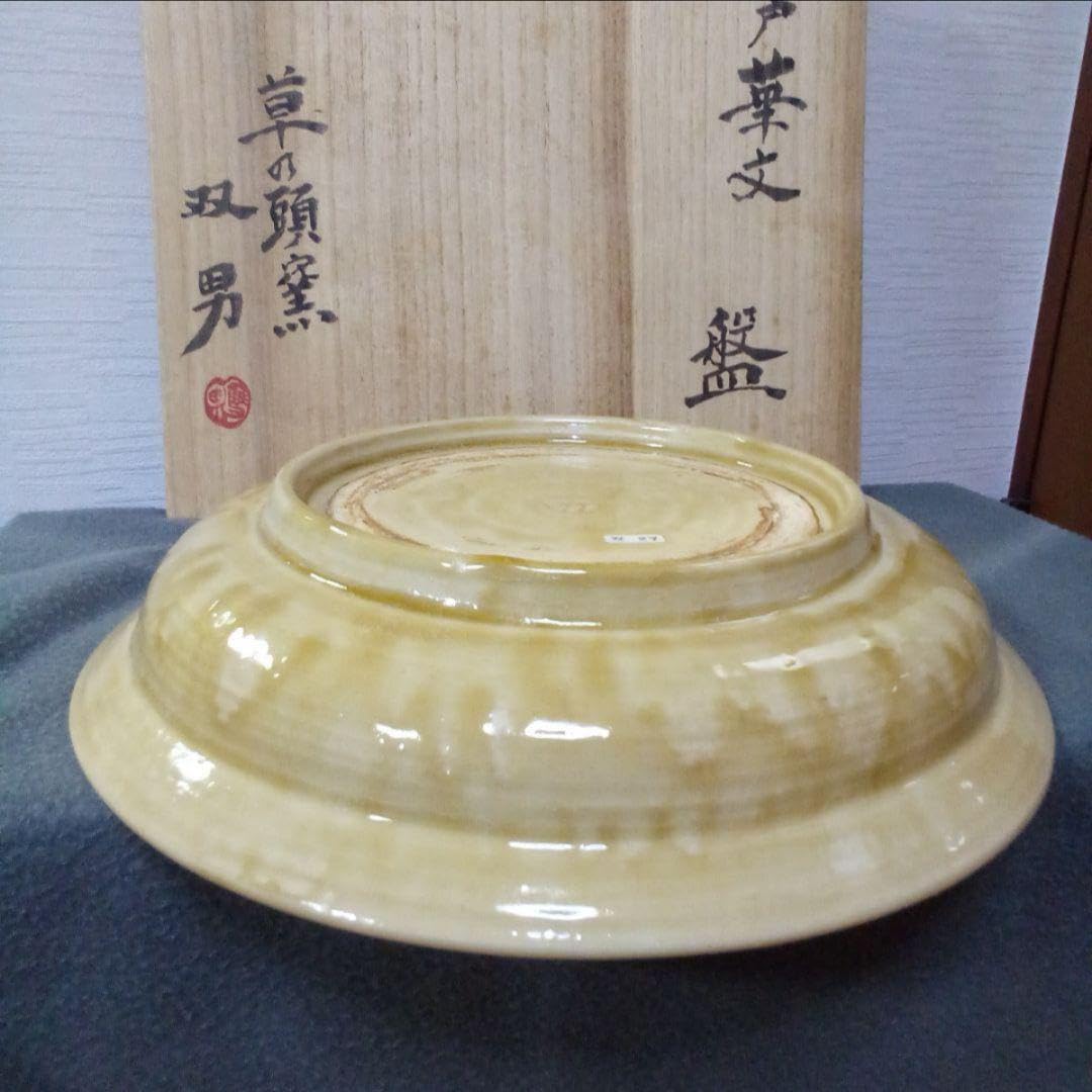 Amazon.co.jp: 美濃焼 黄瀬戸華文 盤 草の頭釜 青山双男(渓男)作