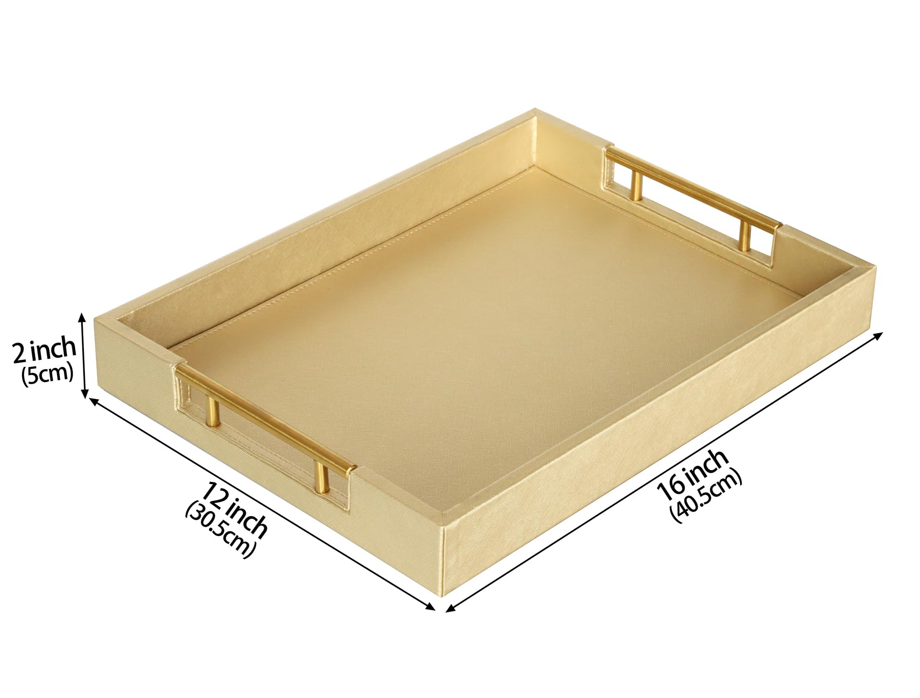 HofferRuffer Bandeja para servir de piel sintética con asas de metal dorado, elegante bandeja organizadora decorativa para mesa de café, otomana, decoración del hogar y servir (dorado, 16.2 x 12.2 x 2