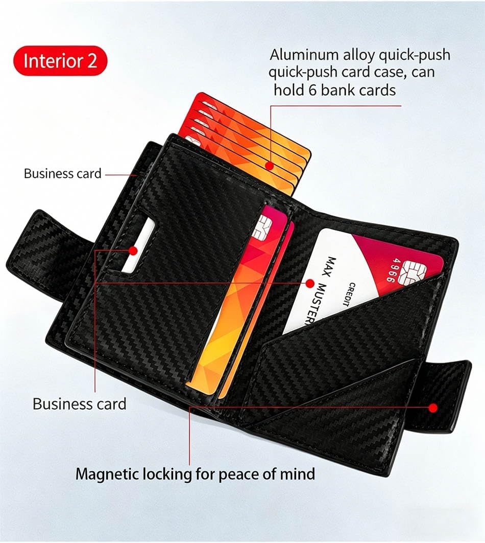 Men's Automatic Pop-Up Card Holder Wallet RFID Blocking Slim Minimalist Carbon Fiber Credit Card Case with Zipper Coin Pocket Gift for Men (apricot)