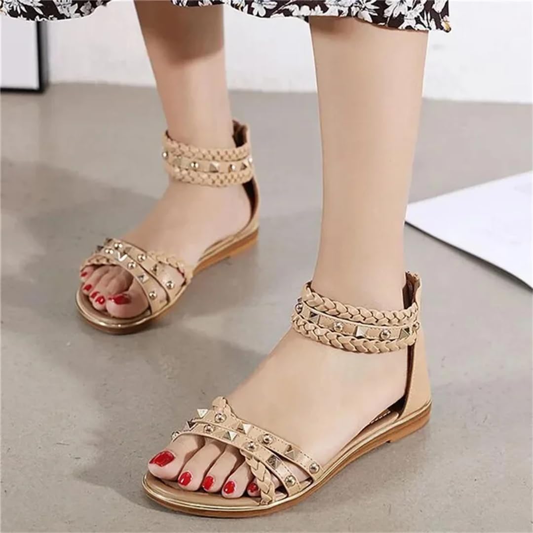Sandalias étnicas con banda elástica para mujer, con correa de tobillo, tacón plano, con parte lateral abierta, estilo étnico, con remache superior, tejidas, retro, romanas, informales, de verano