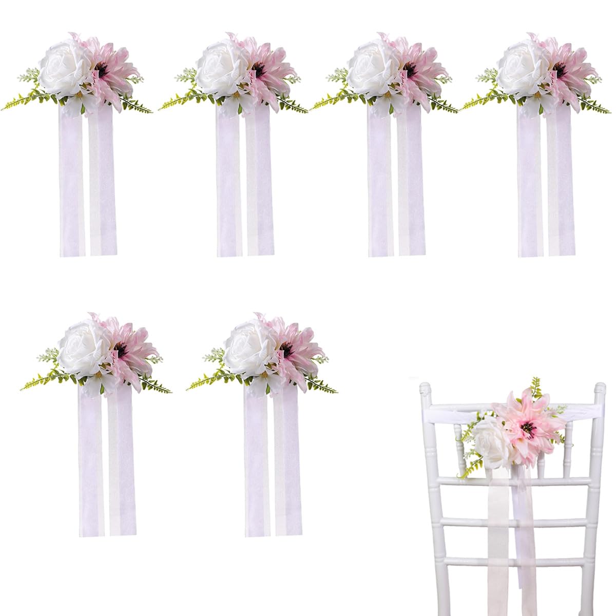 6 Stück Hochzeit Autoschmuck, Hochzeitsdeko, Vielseitige Hochzeits Stuhl Rückenblumen, Wiederverwendbare Künstliche Blume für Hochzeit, Zeremonie, Empfang, Blumendekorationen für Kirche Rosa