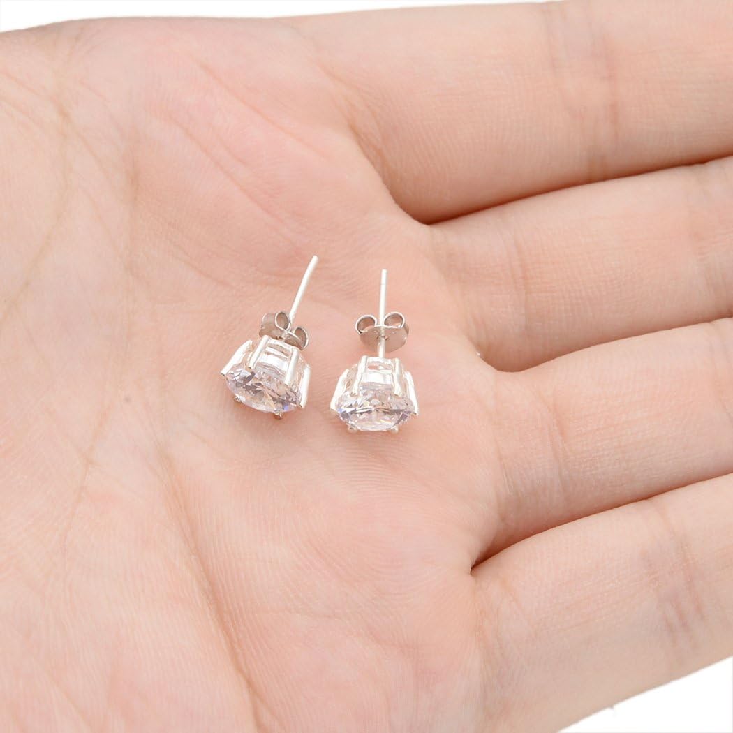 EVER FAITH 925 Sterling Silver Prong Round Cubic Zirconia Unisex Pierced Stud Earrings Clear - Image 5