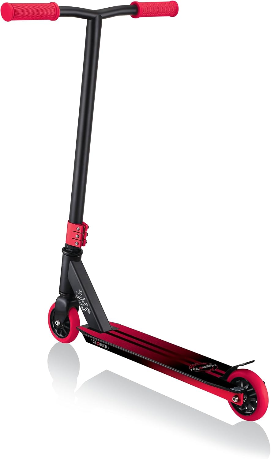 Globber Stunt Scooter GS 360 2-Wheel Stunt Scooter Sturdy Aluminium Deck, Reinforced 83° Aluminium downtube for Teens and Adults (Black/Red)