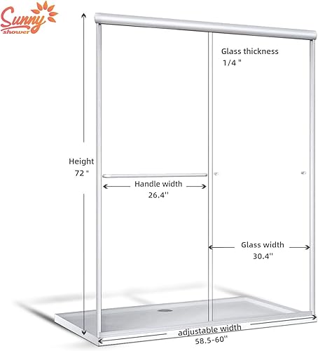 Miniatura 3 de SUNNY SHOWER Puerta de ducha semi-sin marco de 60 pulgadas de ancho x 72 pulgadas de alto, puerta de ducha de vidrio doble corredera, cabina
