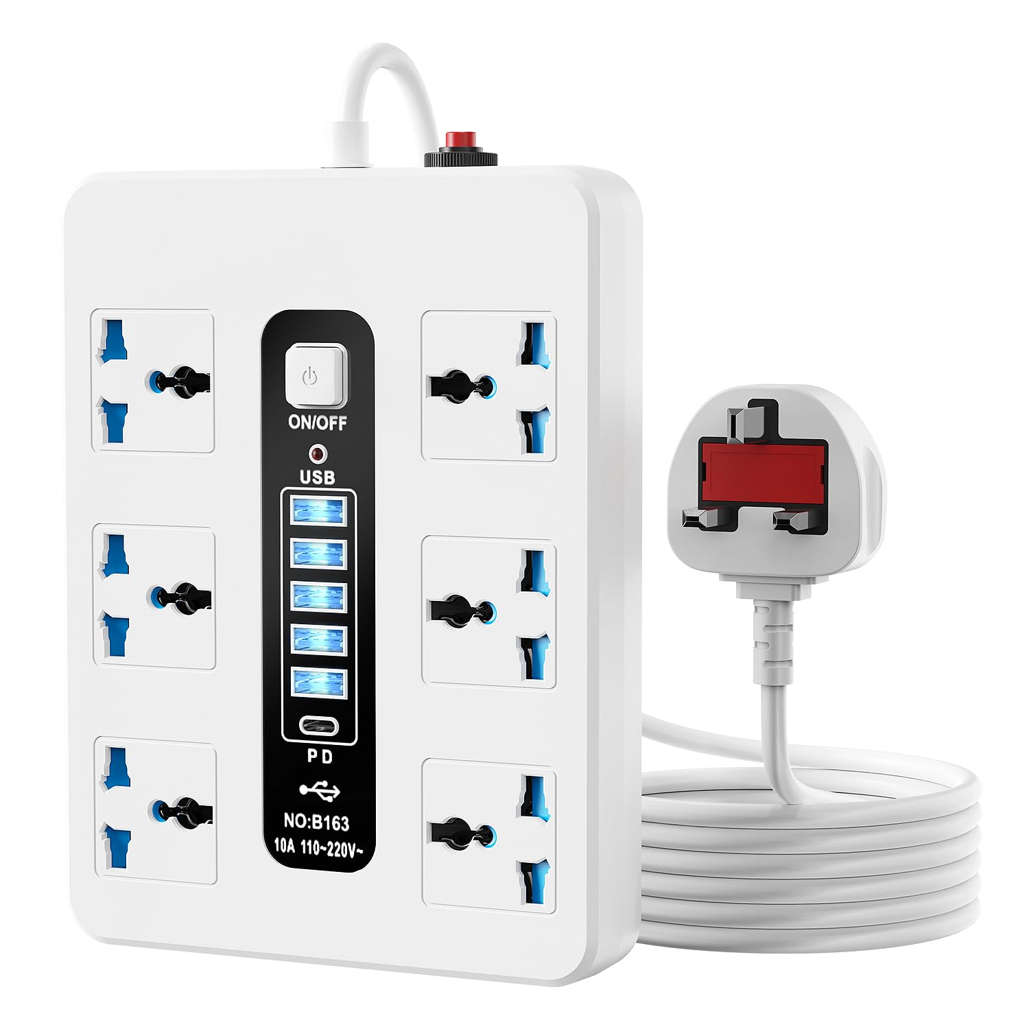 Extension Cord with 6 Electric Outlet, 5 USB Ports & 1 Type-C – 3M Cable | Multi-Plug Power Strip for Home, Office & Kitchen – Surge Protector White 2500W Socket Power