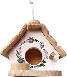 Casa de Pássaro Decorativa,com Flores, Madeira Artesanal, Comedouro para Jardim (Casinha Branca Fundo Cru, 16x16x19)