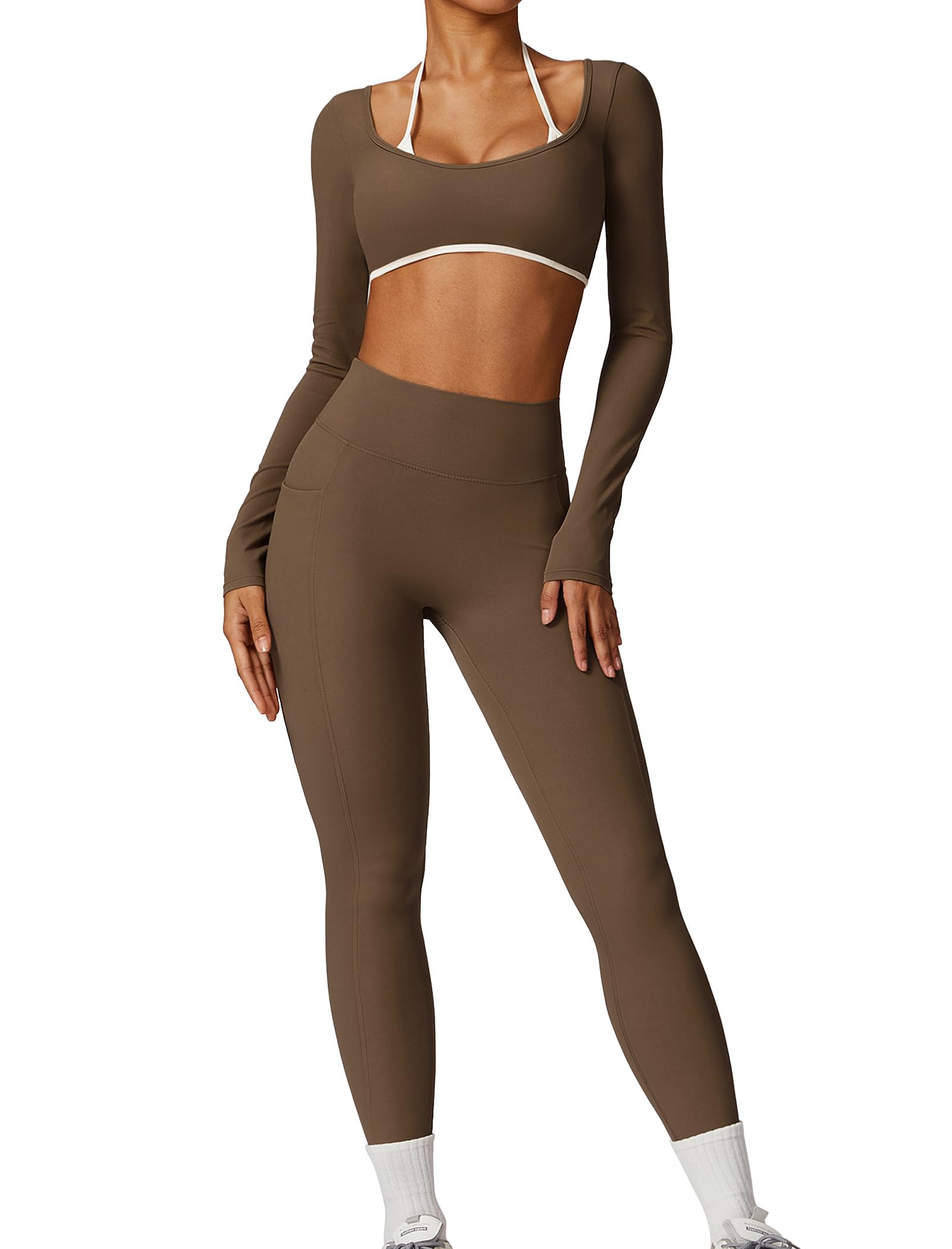 IDOPIP Sport-Set Damen Langarm Rückenfrei: Zweiteiler Gym Set Top mit integrierten Cups und hohe Taile Leggings mit Taschen - Sportkleidung für Fitness Yoga Pilates Workout