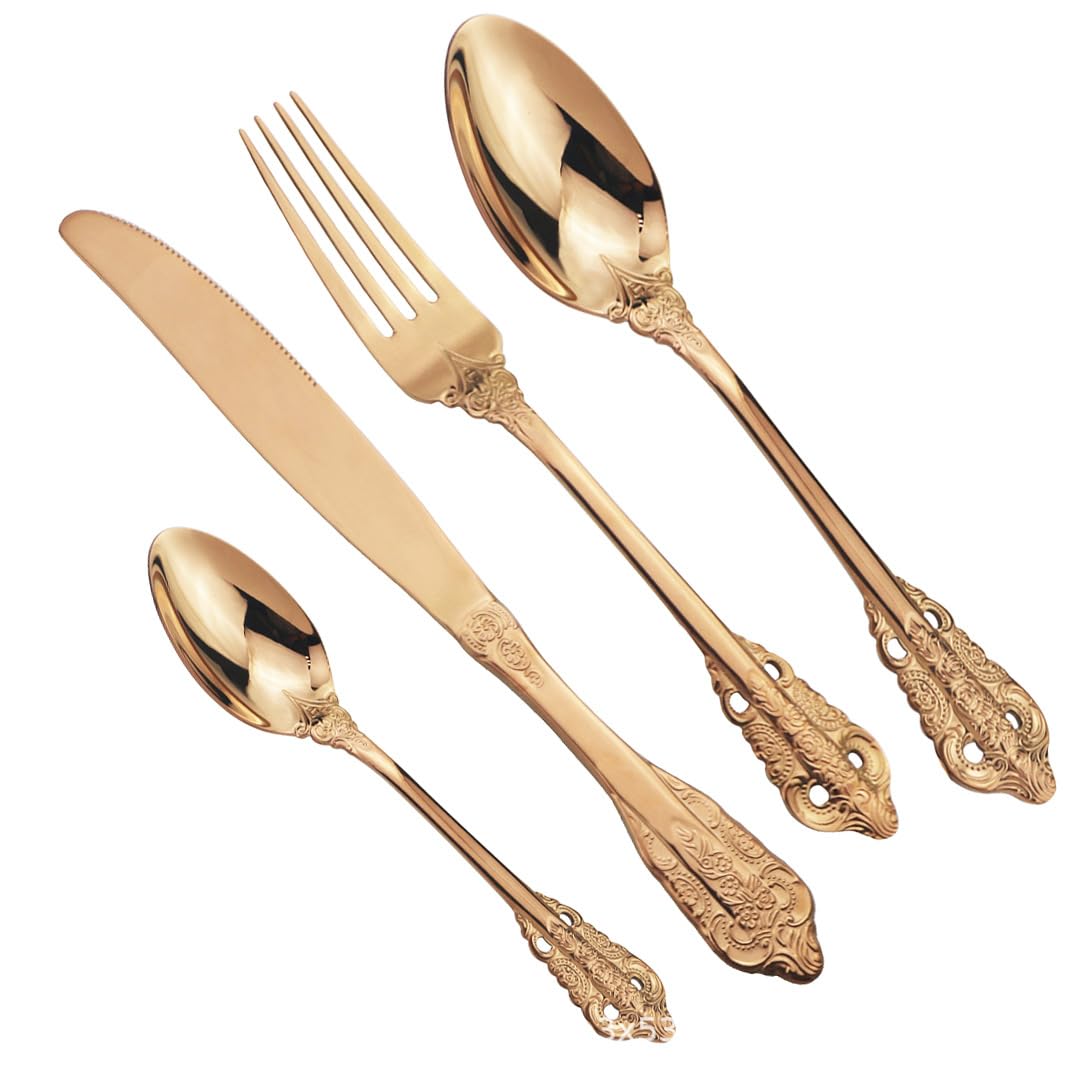 Besteck- und Essbesteck-Set, 4/16/24/32/40/48-teiliges Palace-Geschirrset, Retro-geprägtes Geschirr, kreatives goldenes Geschirrset, Messer-, Gabel- und Löffelset,Rose Gold-4Set16Pcs