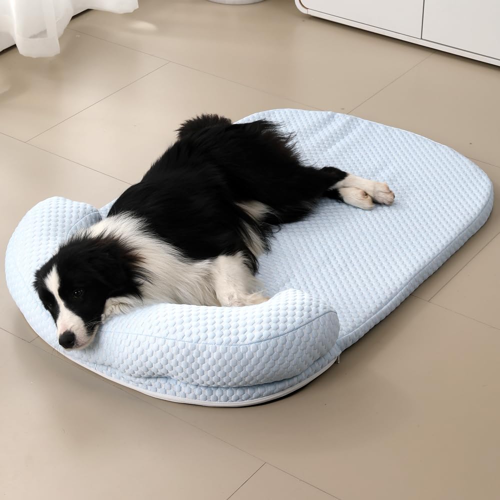 Dog Bed, Cool Material Large Dog Bed, Breathable Pet Mat for Hot Weather, Suitable for Medium and Large Dogs, Comes with Non-Slip Waterproof Bottom, Machine Washable (Blue, 65 * 50CM)
