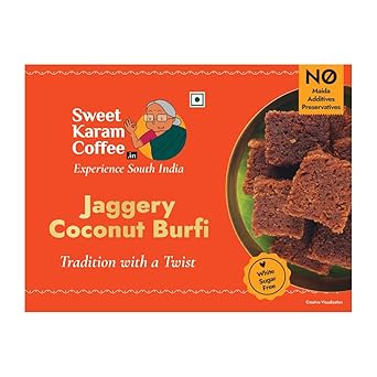 Sweet Karam Coffee Jaggery Coconut Burfi Squares – 150grams | No Refined Sugar or Preservatives | Traditional South Indian Mithai | Made with Natural Jaggery & Coconut | Healthy & Homemade Treat - image, photos