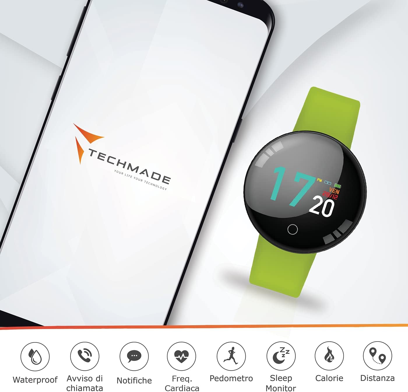 TECHMADE Joy Smartwatch next to a smartphone displaying app features