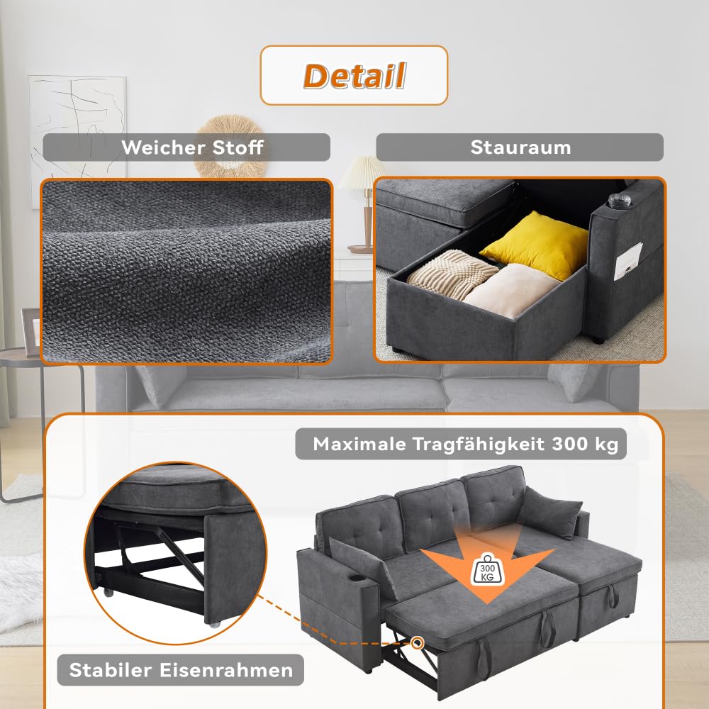 Sofá cama 3 plazas, sofá cama con función de sueño, sofá cama de una plaza y media en L, sillón salón con almacenamiento, con portavasos