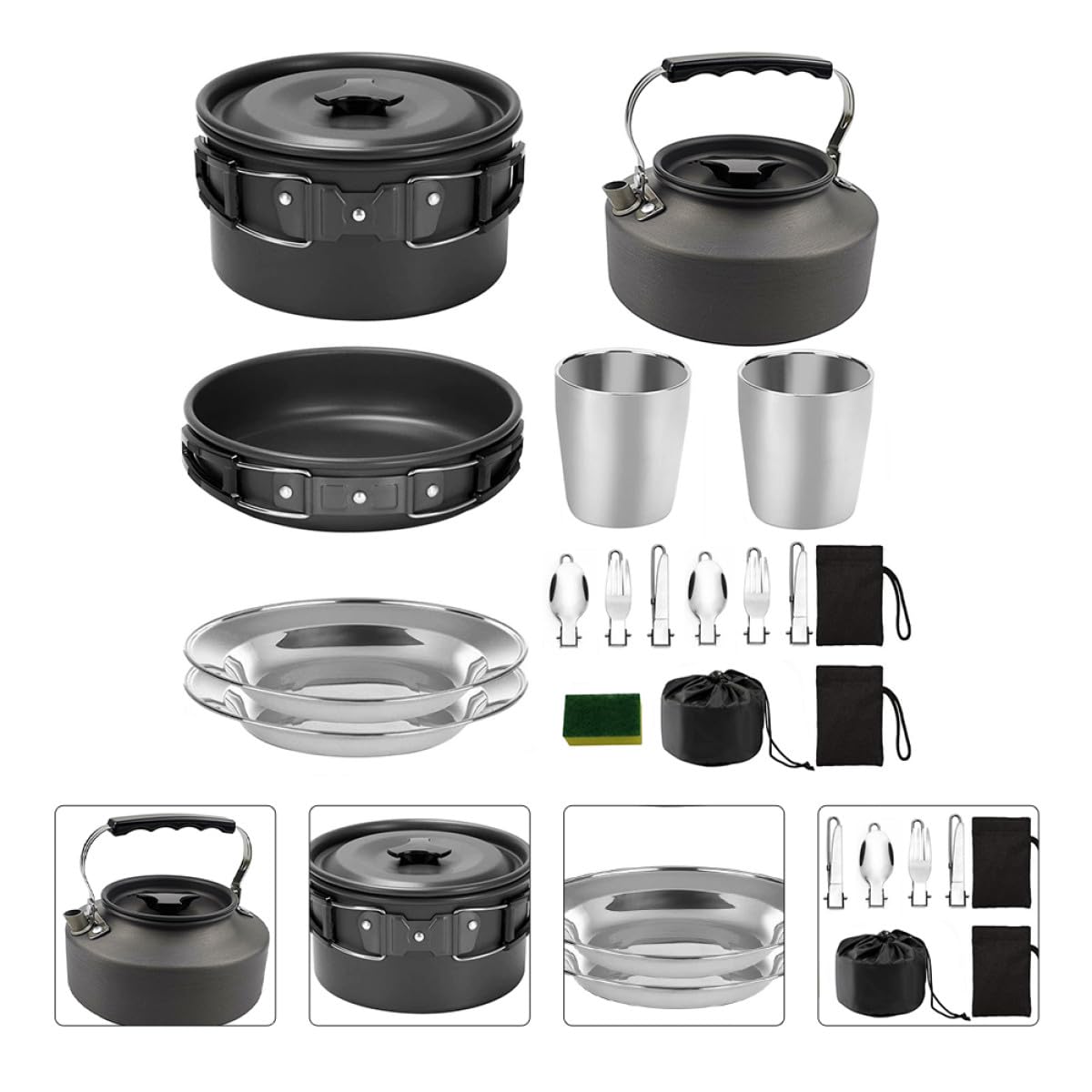 CLISPEED Juego de Utensilios de Cocina para Camping Tetera y Platos, Aleación de Aluminio Negro, Antiadherente y Portátil para Senderismo y Mochileros