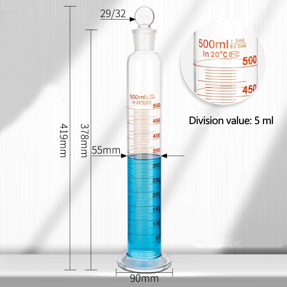 Cilindro graduato in vetro borosilicato da 500 ml con tappo in vetro smerigliato, cilindro di misurazione a parete pesante per misurazioni accurate in aule scientifiche e uso domestico