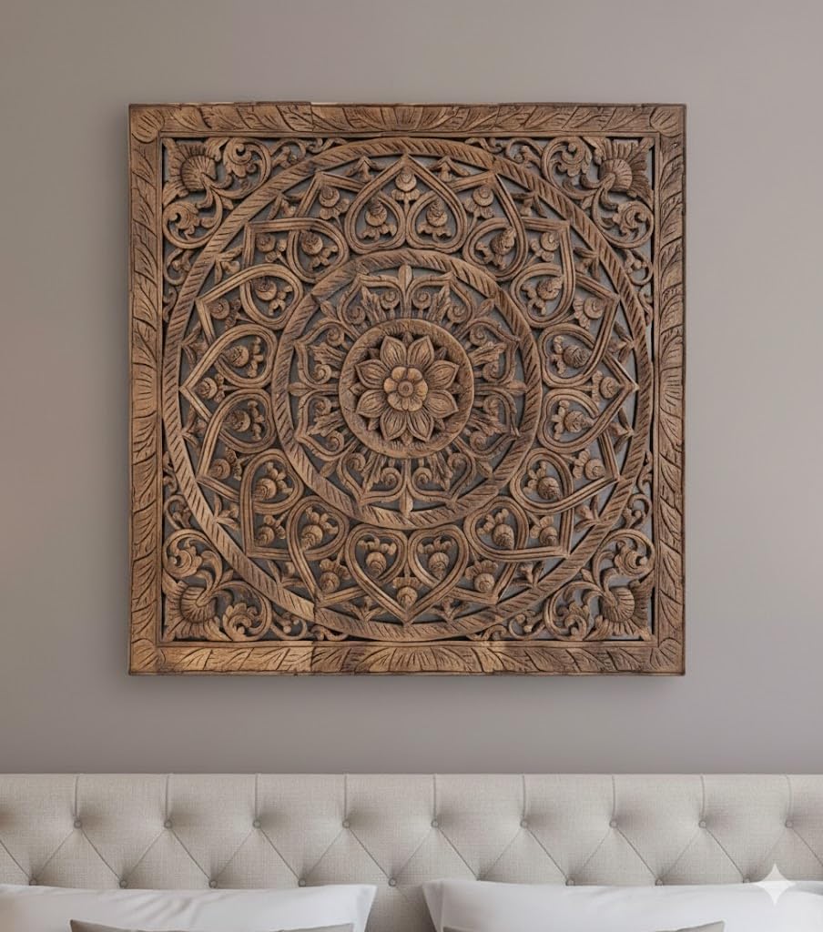 Royal wood Wall Art Decor, 3 Pieces Hand-Carved Panel Bohemian Style, Reclaimed Teak Wooden in Brown Color From india, 36 inches