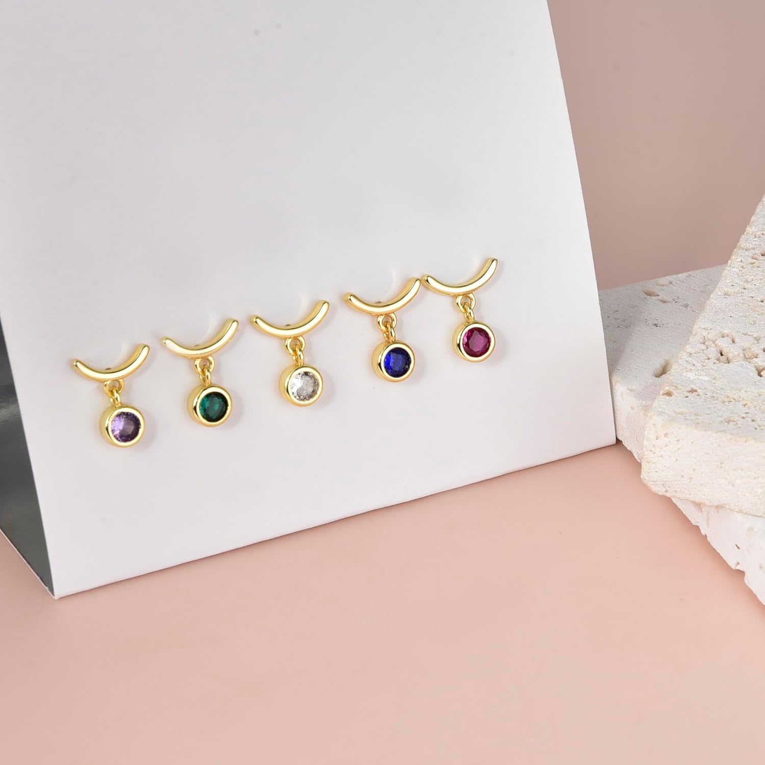 Round Cubic Zirconia Dangle Stud Earrings Silver Post Gold Plated Bezel Set CZ Stud for Women - Image 6