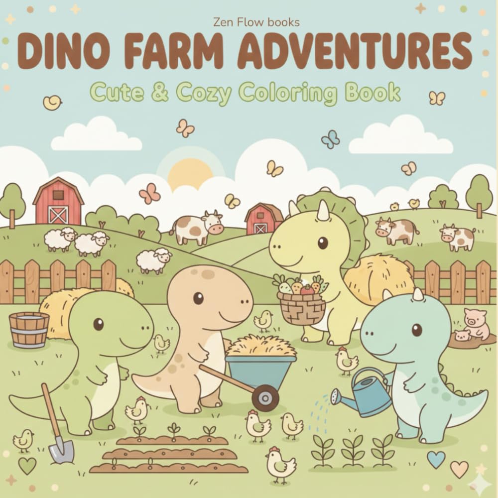 Dino Farms: Cute Dinosaur Farm Adventures Coloring Book for Kids Ages 4-8: 40 Adorable Farm Scenes with Friendly Dinosaurs – Big Easy Designs for Relaxing, Creative Fun