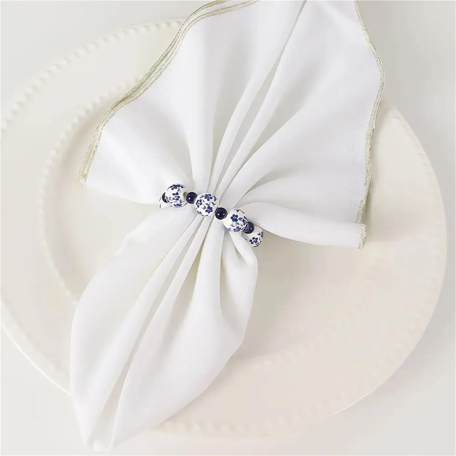 Lot de 24 ronds de serviette de style ethnique créatif peint à la main avec perles bleues et blanches, décoration de table