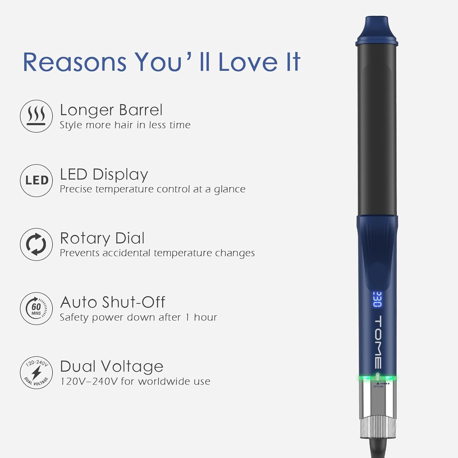 1.25 Inch Oval Curling Iron with Clamp, 6-Level Dial Temp Control 180–450℉, Tourmaline Ceramic, Fast PTC Heating, 100–240V Dual Voltage Long Barrel Curler - Image 2