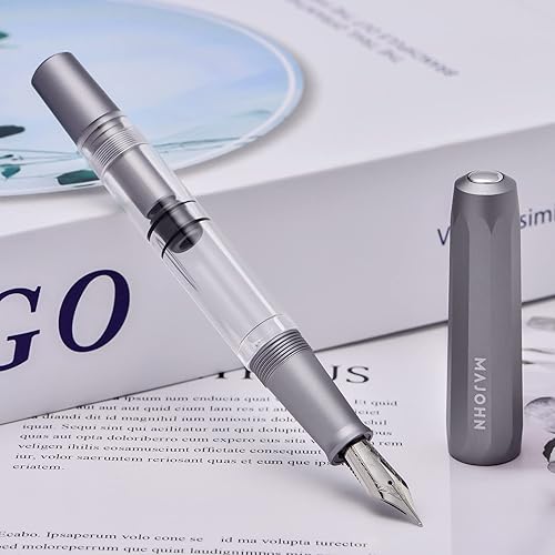 Miniatura 7 de Majohn - Pluma estilográfica de pistón T1, punta media, aluminio gris, acrílico, transparente, gran capacidad de tinta