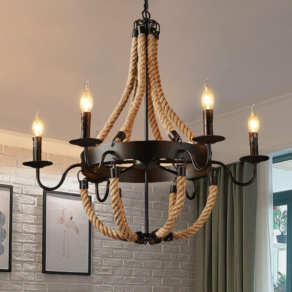 Mrdsre 8 lámparas E14 Lámpara de araña de cuerda de cáñamo vintage Lámpara colgante rústica Lámpara colgante de techo de casa de campo Loft Lámpara de mesa de comedor vintage industrial Lámpara colgan