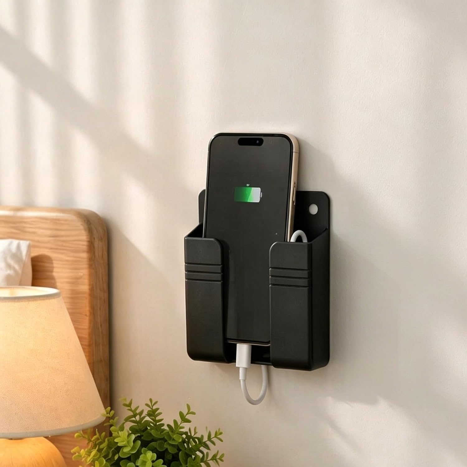 Wall Mounted Phone Charging Holder, No-Drill Phone Stand for Charging, Remote & Accessory Storage Box