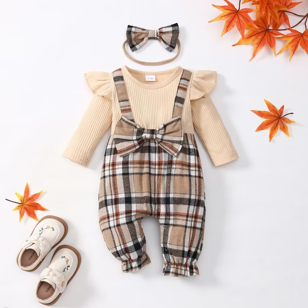 JOIMOCY Baby Girl Clothes 6-9 Months Fall Winter Outfits Plaid Long Sleeve Jumpsuit One Piece Romper Bodysuit Baby Overalls, Beige Baby Girl Romper 6-9 Months