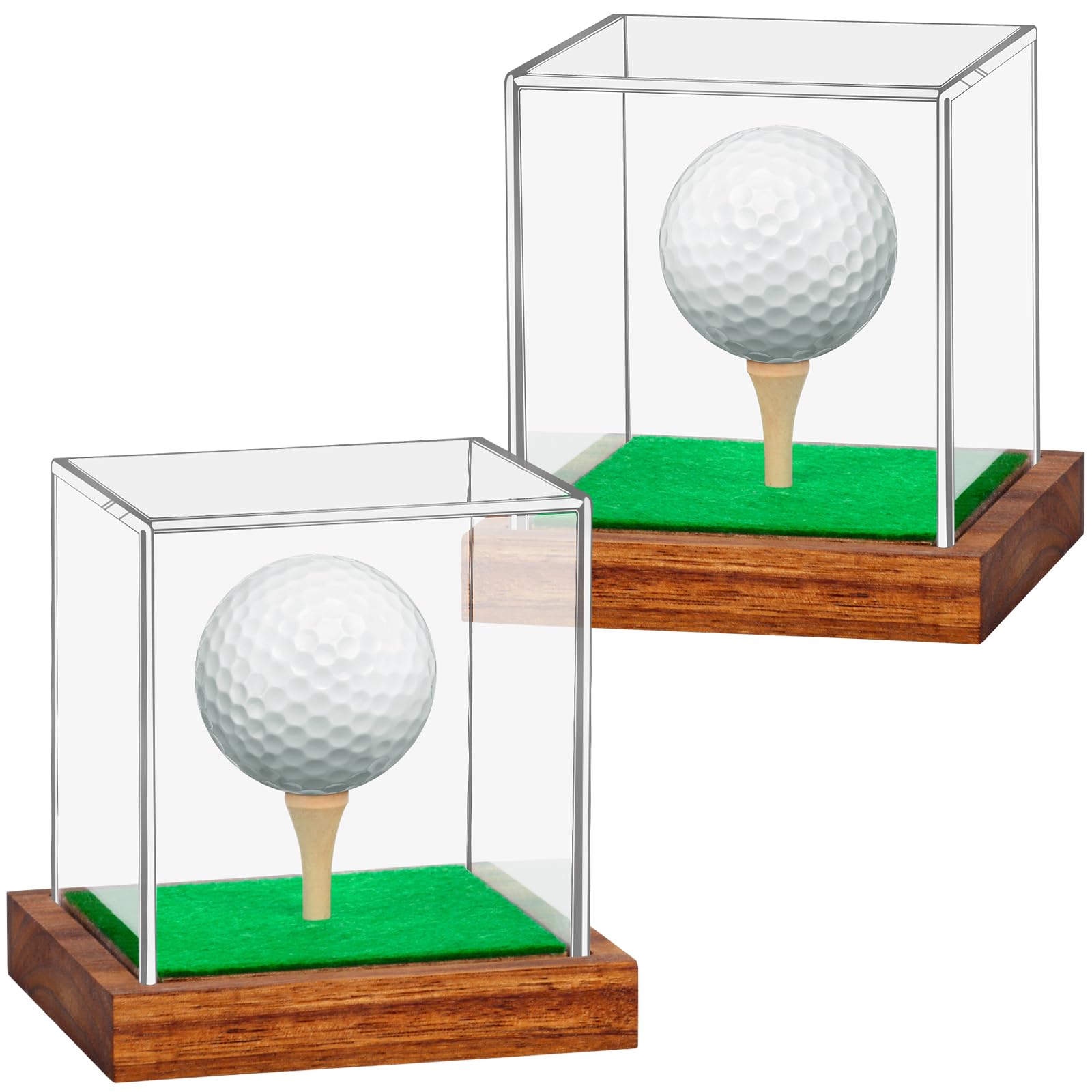 2 Pack Clear Acrylic Golf Ball Display Case with Wood Base &amp; Tee, Memorabilia Stand Cube Holder, Dust Protection Transparent Storage Box for Single Ball Souvenir Golfball Collections