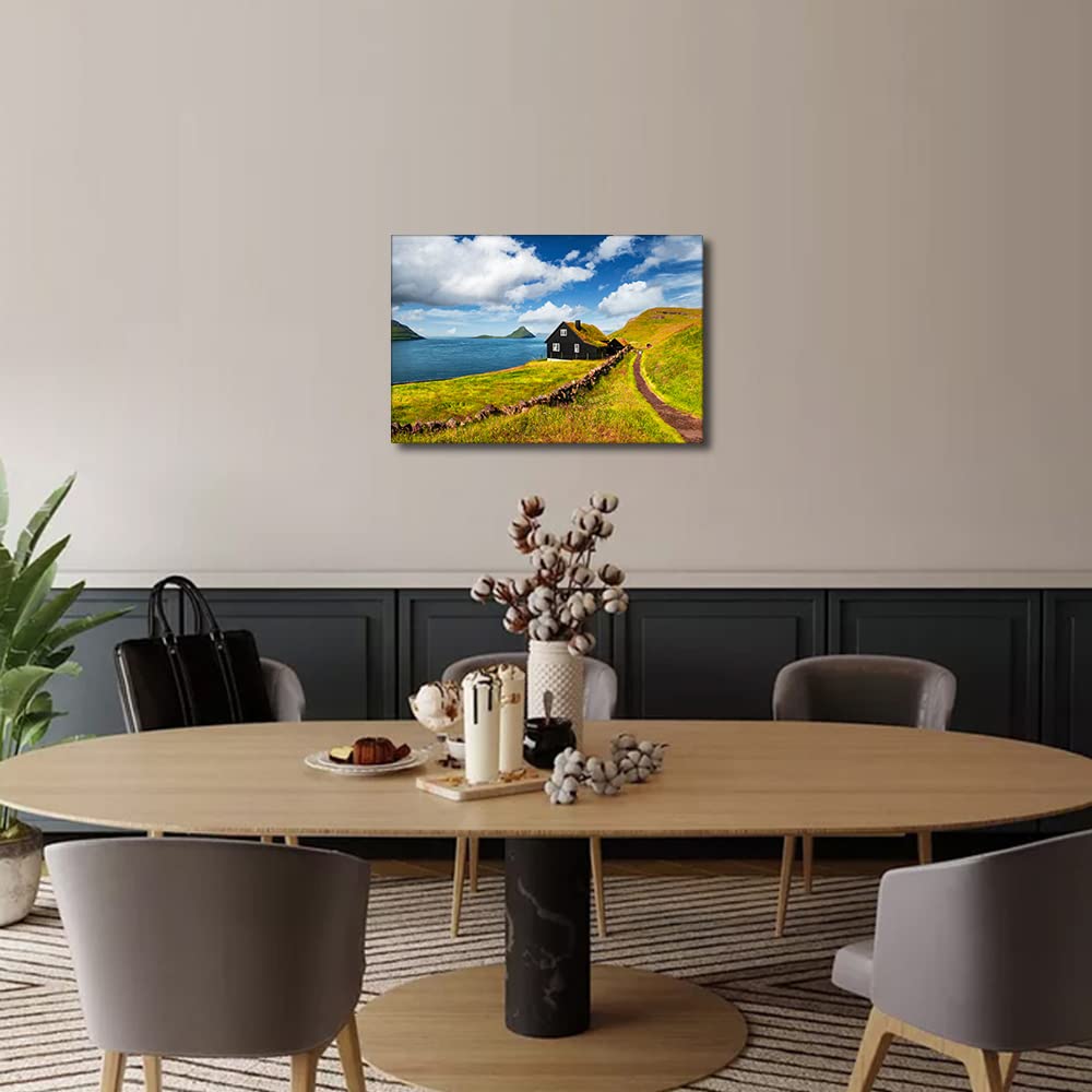 Framed Wall Art Canvas Living Room Decor Streymoy Island Faroe Denmark Velbastadur Village Typical Grass Roof House Bedroom Bathroom Wall Décor Scenery Decor 8x12inch - Image 2