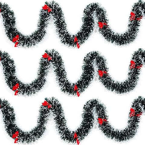 3Pcs x 8.2ft (Total:24.6ft) Christmas Tinsel Garlands with 24 Pcs Red Bows for Indoor and Outdoor Holiday Mardi Gras Xmas and Other Festivities Party Supply (Gray) Cover