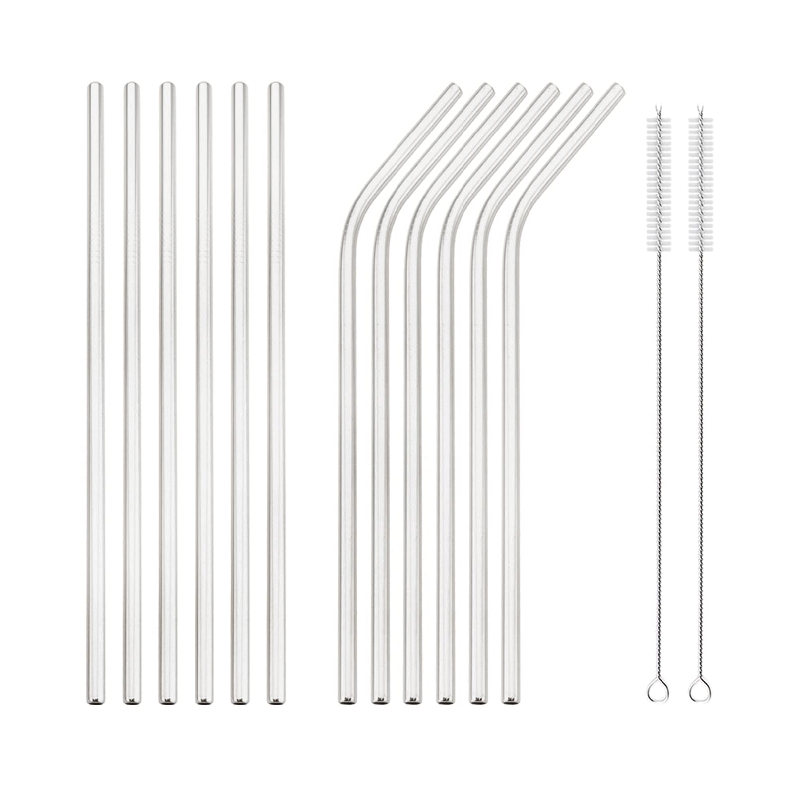 Snplowum 14pcs Straw Set With Clean Brush, Silver 18/10 Stainless Steel Drinking Tool For Restaurant Party Daily Use, Resuable Drinkware Include 6 Straight, 6 Bent, 2 Brush