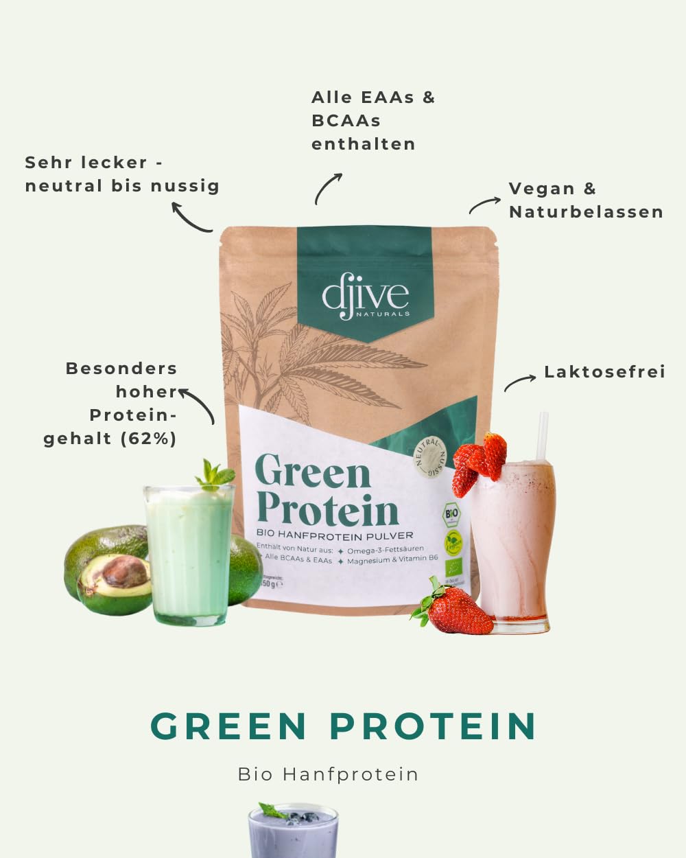 djive naturals - Veganes Bio Protein I naturbelassen, lecker, cremig, vielseitig I neutral bis nussig - Hanfprotein 62% (1 x 450 g)