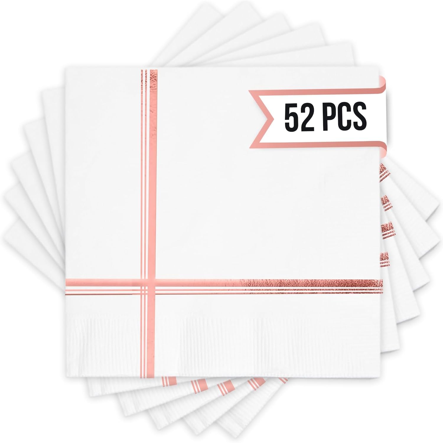 White and Rose Gold Napkins – Set of 52 Disposable 5x5 Inch Cocktail and Dessert Napkins with Gold Trim, Perfect for Wedding Parties and Events