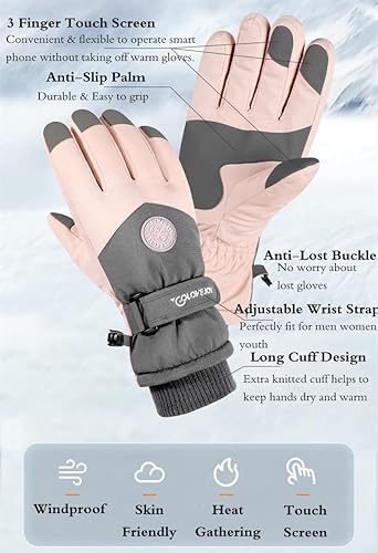 Miniatura 2 de JJZS Guantes de nieve de esquí de invierno para hombres, mujeres, jóvenes Guantes de calentamiento de manos impermeables para pantalla táctil y