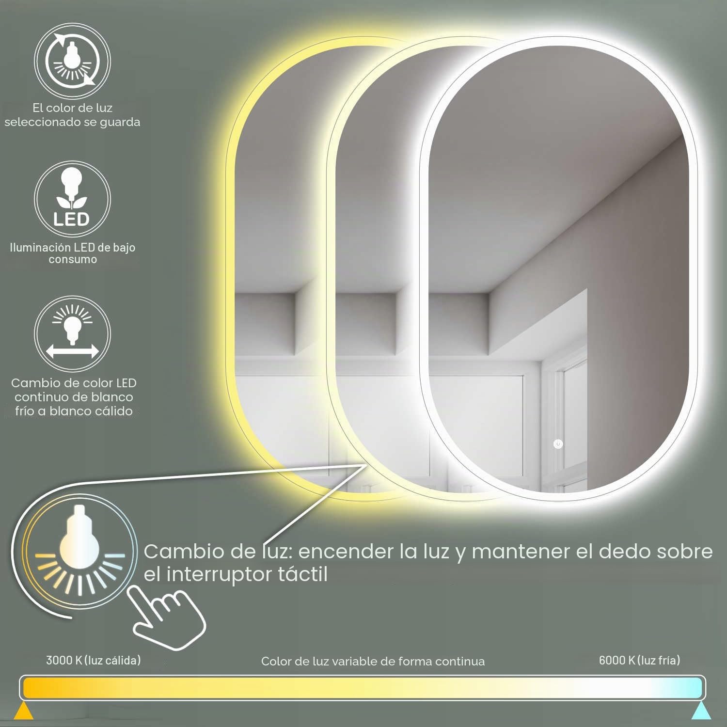 HOKO® Espejo LED Ovalado 50 x 90 cm. Montaje Alto + Transversal. Espejo de baño con iluminación LED para Exterior