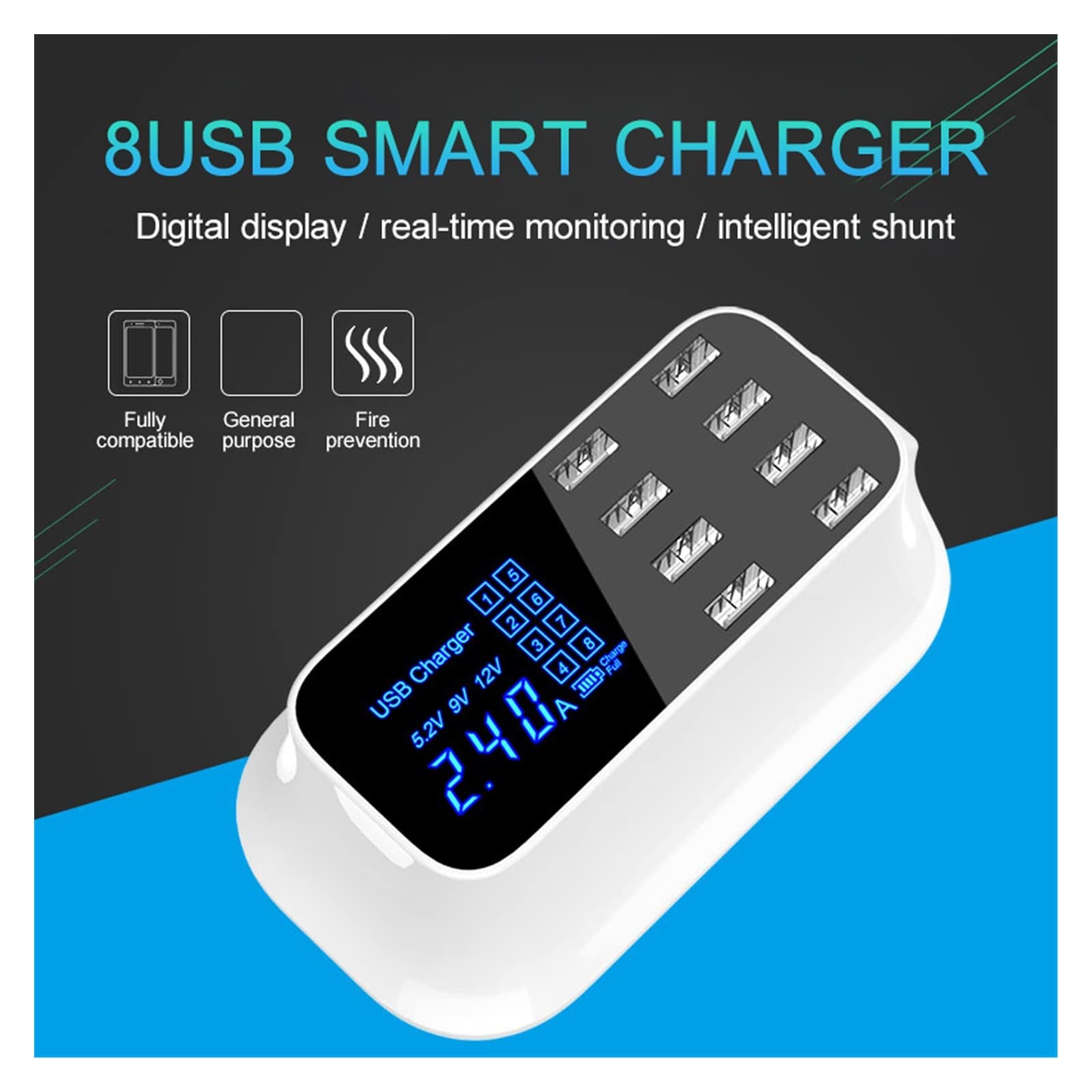 Caricabatterie USB, Display Digitale a 8 Porte Carica Rapida Adattatore di Ricarica Stazione Telefono Cellulare Domestica da Parete Compatibile con Il Caricabatterie Sicuro